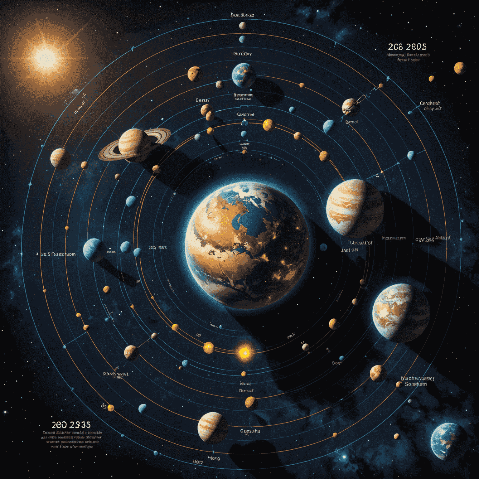 2025 yılında gezegenlerin hizalanmasını gösteren kozmik bir diyagram
